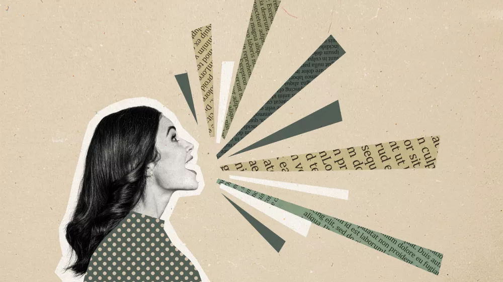 Composite photo collage of excited girl speech text lines communication wonder concept phrase isolated on painted background. / Foto: Deagreez Getty Images