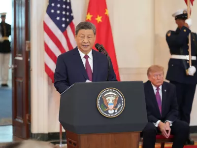 President Donald Trump listens as China's President Xi Jinping speaks during an arrival ceremony in the Grand Foyer of the White House, Thursday, Sept. 24, 2026, in Washington. (AP Photo/Jacquelyn Martin)