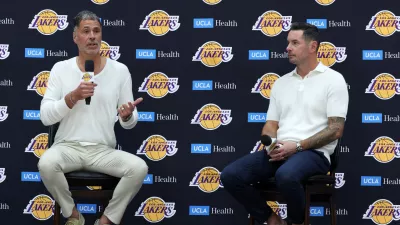 Sep 24, 2026; Los Angeles, CA, USA; Los Angeles Lakers president of basketball operations and general manager Rob Pelinka (left) and head coach JJ Redick speak to the media during a press conference at UCLA Health Training Center. Mandatory Credit: Kiyoshi Mio-Imagn Images