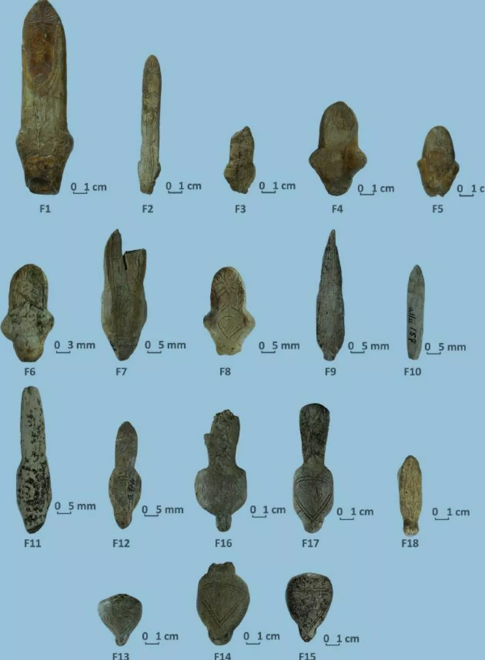 Osemnajst skrivnostnih figuric iz mamutovine je nastalo pred približno 18.000 leti na območju dana&scaron;nje Ukrajine. Nova analiza je pokazala, da so prazgodovinski umetniki v svoje gravure vključili tudi naravne vzorce mamutovega okla. Foto: Radchenko et al., npj Heritage Science (2026) / Foto: Radchenko Et Al., Npj Heritage Science (2026)