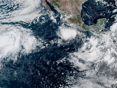 This photo provided by NOAA shows Hurricane Polo intensifying in the Pacific Ocean off the coast of Mexico on Monday, Sept. 21, 2026. (NOAA via AP)