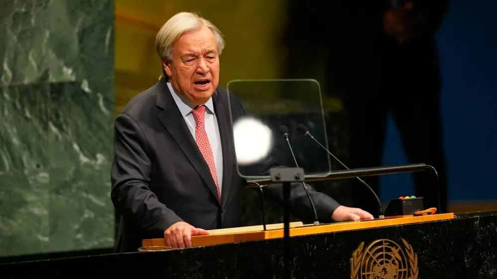The United Nations Secretary-General Antonio Guterres speaks during the 81st session of the United Nations General Assembly at United Nations headquarters, Tuesday, Sept. 22, 2026. (AP Photo/Yuki Iwamura)