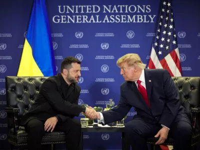 US President Donald Trump and Ukraine's President Volodymyr Zelenskiy shake hands as they meet on the sidelines of the 81st United Nations General Assembly (UNGA) in New York City, US, in this handout released September 22, 2026. Ukrainian Presidential Press Service/Handout via REUTERS ATTENTION EDITORS - THIS IMAGE HAS BEEN SUPPLIED BY A THIRD PARTY.