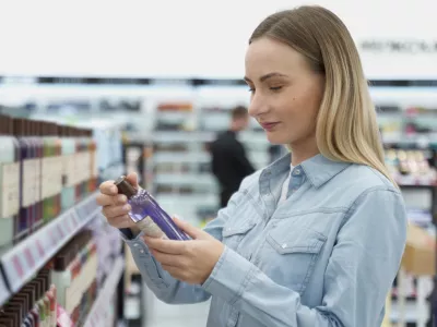 Shopping - young woman holding bottle of shampoo in supermarket. / Foto: Viktoria Korobova Getty Images