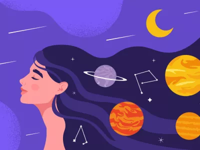Woman with sweet dreams concept. Young girl with galaxy and universe at hairs. Colorful planets and constellations. Poster or banner for website. Cartoon flat vector illustration / Foto: Rudzhan Nagiev Getty Images