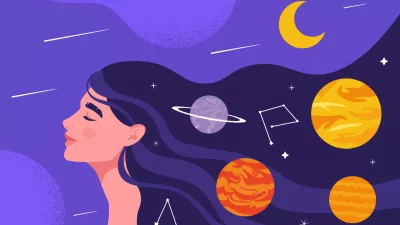 Woman with sweet dreams concept. Young girl with galaxy and universe at hairs. Colorful planets and constellations. Poster or banner for website. Cartoon flat vector illustration / Foto: Rudzhan Nagiev Getty Images