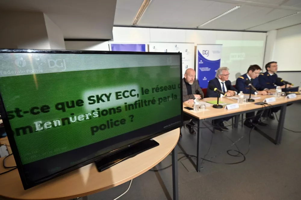 Illustration picture shows a press conference of the Federal Public Prosecutor's Office on the decryption of the encrypted telephones offered by the company Sky ECC, in Brussels, Wednesday 09 March 2022. Belgian and Dutch police cracked the self proclaimed 'most secure messaging platform you can buy' of Sky ECC cryptophone network and intercepted one billion messages. The decipherment has had a major impact on the actions taken by the judiciary and the police against organized crime in recent months. The impact of these operations, in particular on hard drug trafficking networks, will be presented. BELGA PHOTO ERIC LALMAND,Image: 667648477, License: Rights-managed, Restrictions: *** World Rights Except Belgium and France ***, Model Release: no / Foto: Profimedia