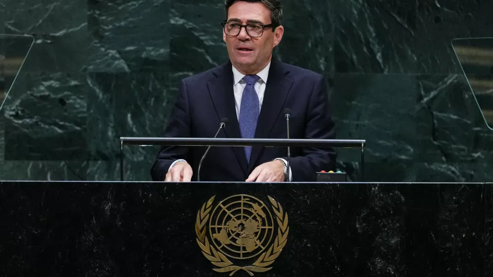 Britain's Prime Minister Andy Burnham addresses the 81st session of the United Nations General Assembly at U.N. headquarters Tuesday, Sept. 22, 2026. (AP Photo/Frank Franklin II)