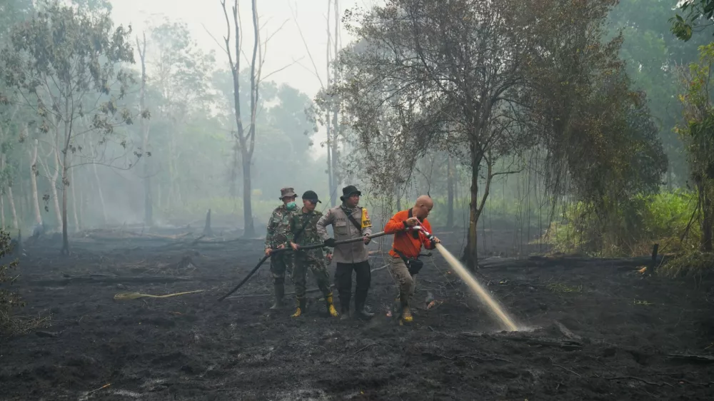 FILE - Firefighters spray water to put out wildfires burning through peatland forest in Kubu Raya, West Kalimantan, Indonesia, Sept. 12, 2026. (AP Photo/Tatan Syuflana, File)