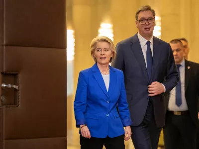 European Commission President Ursula von der Leyen attends a media conference with Serbian President Aleksandar Vucic in Belgrade, Serbia, October 31, 2023. REUTERS/Marko Djurica