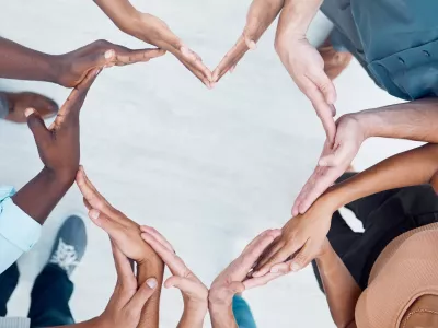 Teamwork hands, heart and diversity partnership, business people support or community care, motivation and trust. Above group team building for charity, kindness and global solidarity, love and hope