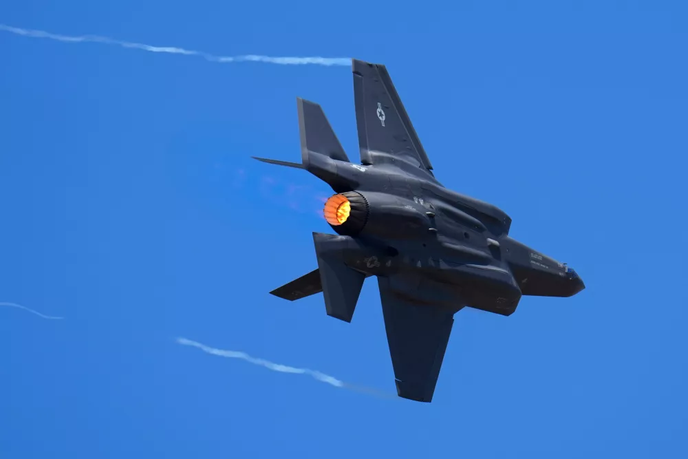 FILE - U.S. Air Force fighter aircraft F-35 performs aerobatic maneuvers on the second day of the Aero India 2023 at Yelahanka air base in Bengaluru, India, Feb. 14, 2023. (AP Photo/Aijaz Rahi, File)