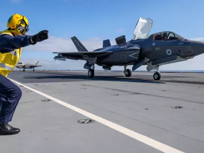 Royal Navy F-35B fighters of UK Carrier Strike Group launch from HMS Prince of Wales to intercept a Russian military aircraft, Thursday July 2, 2026. (Chris Sellars/Ministry of Defence via AP)