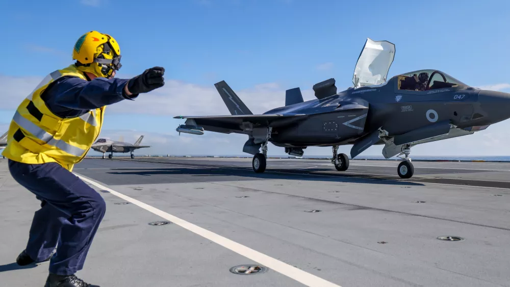 Royal Navy F-35B fighters of UK Carrier Strike Group launch from HMS Prince of Wales to intercept a Russian military aircraft, Thursday July 2, 2026. (Chris Sellars/Ministry of Defence via AP)