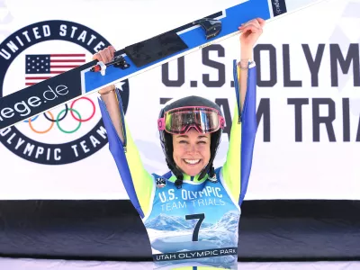 PARK CITY, UT - DECEMBER 31: Sarah Hendrickson celebrates on the medals podium after winning the U.S. Womens Ski Jumping Olympic Trials on December 31, 2017 at Utah Olympic Park in Park City, Utah. Matthew Stockman,Image: 358955761, License: Rights-managed, Restrictions:, Model Release: no 