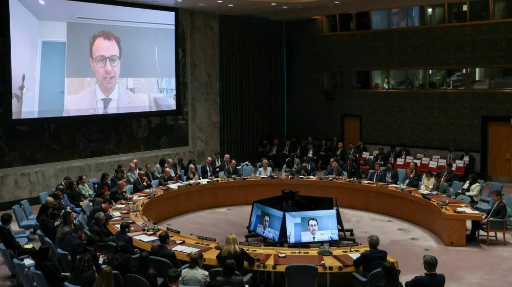 Dario Amodei co-founder of Anthropic via video link and OpenAI CEO Sam Altman address the United Nations Security Council during a session on Artificial Intelligence during the 81st United Nations General Assembly, at UN Headquarters in New York City, US, September 23, 2026. REUTERS/Brendan McDermid