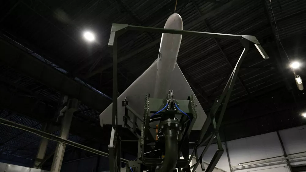 FILE PHOTO: A Polish-designed and made Shahed-type Hornet drone is placed on a launcher at the production facility in Sochaczew, Poland, July 9, 2026. REUTERS/Kuba Stezycki