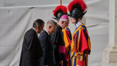 Hungary's Prime Minister Peter Magyar, second from left, arrives in the St. Damasus Courtyard to meet with Pope Leo XIV, at the Vatican on Thursday, Sept. 24, 2026. (AP Photo/Andrew Medichini)