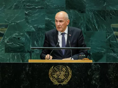 Slovenia's Prime Minister Janez Jansa addresses the 81st United Nations General Assembly at UN headquarters in New York City, US, September 24, 2026. REUTERS/Eduardo Munoz