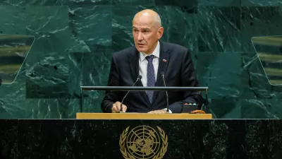 Slovenia's Prime Minister Janez Jansa addresses the 81st United Nations General Assembly at UN headquarters in New York City, US, September 24, 2026. REUTERS/Eduardo Munoz