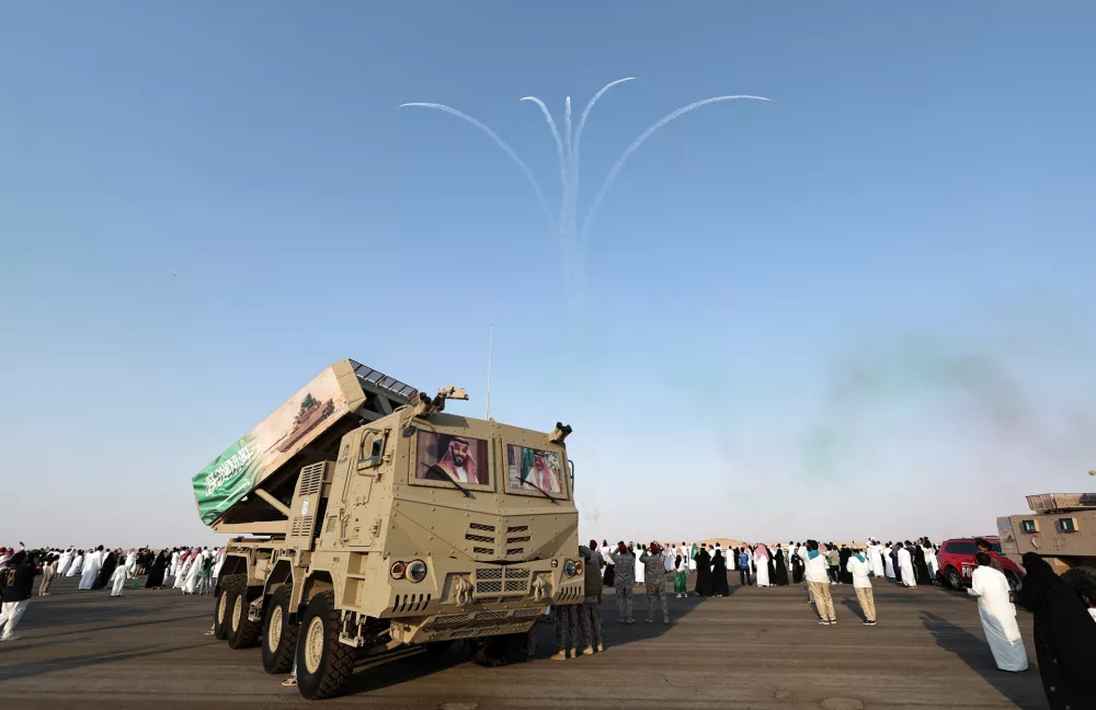 A Saudi Arabian military vehicle on display as the Saudi Falcons perform acrobatics during an airshow as part of Saudi Arabia's 96th National Day celebrations in Riyadh, Saudi Arabia, September 22, 2026. REUTERS/Hamad I Mohammed