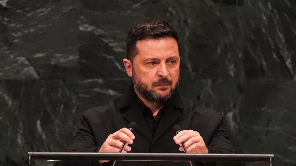 Ukraine's President Volodymyr Zelenskyy speaks during the 81st session of the United Nations General Assembly at United Nations headquarters, Wednesday, Sept. 23, 2026. (AP Photo/Heather Khalifa)