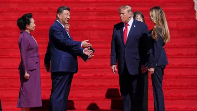 President Donald Trump, center right, and first lady Melania Trump, right, speak with China's President Xi Jinping, center left, and his wife Peng Liyuan&nbsp;on the steps of the National Archives Museum, Friday, Sept. 25, 2026, in Washington. (AP Photo/Julia Demaree Nikhinson)
