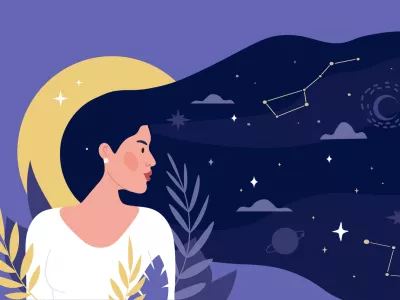 Hair night concept. Abstract images, galaxy and universe. Constellations and Milky Way. Scientific research, astronomy and astrology. Innovation and future, woman. Cartoon flat vector illustration / Foto: Rudzhan Nagiev Getty Images