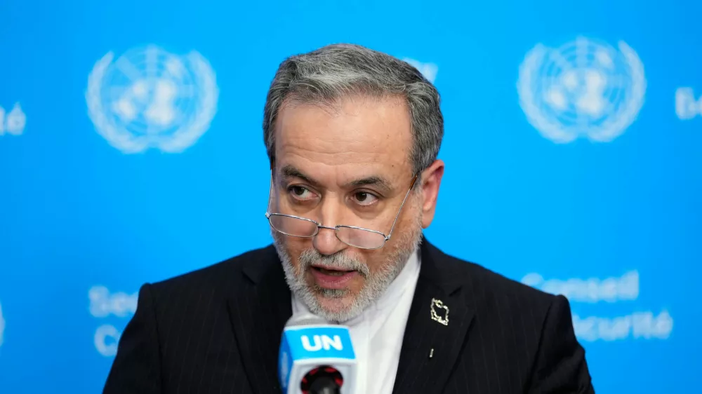 Iran's Foreign Minister Abbas Araghchi speaks to the media during the 81st session of the United Nations General Assembly at United Nations headquarters, Friday, Sept. 25, 2026. (AP Photo/Yuki Iwamura)