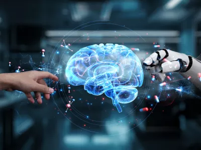 Robot and human reaching hand and pointing finger with brain icon floating. Close up of robotic hand and human working together while pointing finger with blurring laboratory background. Salubrious.