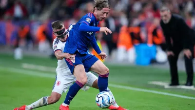 Czechia's Michal Sadilek, left, vies for the ball with Croatia's Luka Modric during the Nations League soccer match between Czechia and Croatia in Prague, Saturday, Sept. 26, 2026. (AP Photo/Petr David Josek)