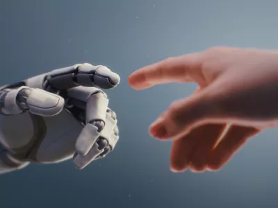 Futuristic Concept of Humanity and Artificial Intelligence Collaboration: Visualization of Humanoid Robot and Human Touching Fingertips, Creating Glowing Light. People and Robots Working Together.