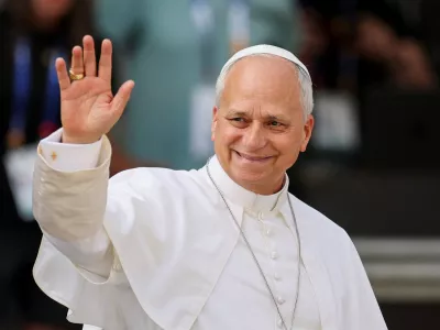 Pope Leo arrives to meets staff and members of the sick community at Accueil Notre-Dame at the Sanctuary of Our Lady of Lourdes, during his apostolic journey to France, in Lourdes, France, September 27, 2026. REUTERS/Stephane Mahe
