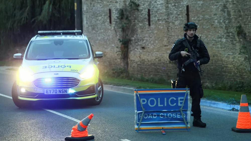 A police officer blocks a road near the RAF Fairford airbase, which hosts United States Air Force (USAF) personnel, in Fairford, Gloucestershire, Britain, September 27, 2026. REUTERS/Toby Shepheard