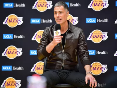Feb 4, 2025; El Segundo, CA, USA; Los Angeles Lakers vice president of basketball operations and general manager Rob Pelinka speaks before introducing Luka Doncic at UCLA Health Training Center. Mandatory Credit: Gary A. Vasquez-Imagn Images