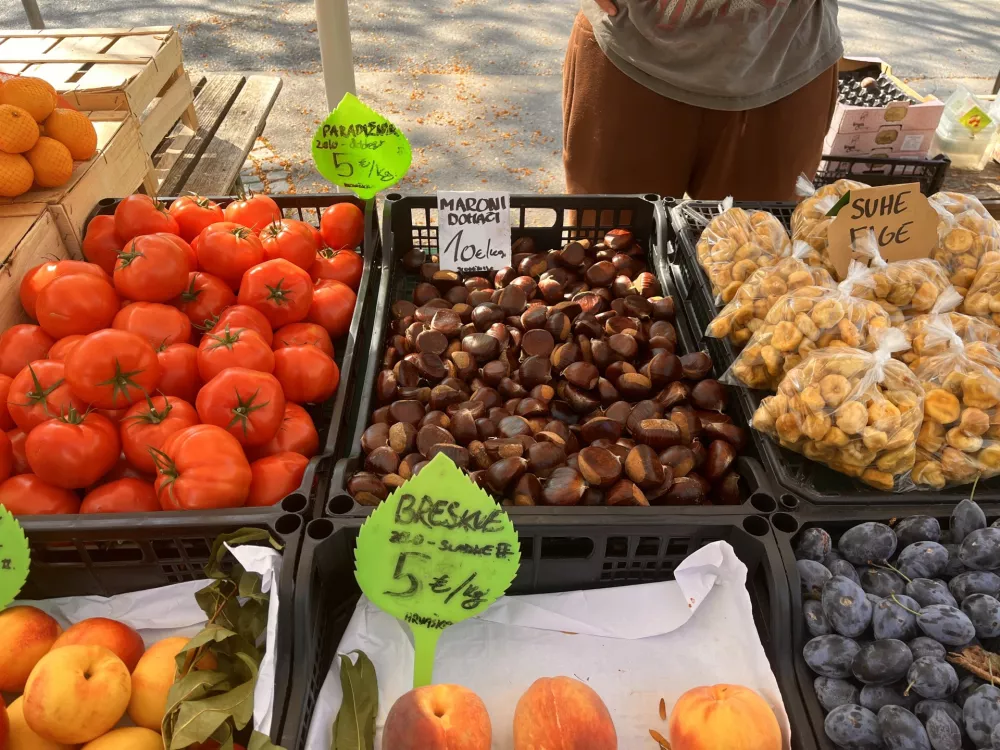 Ljubljana, centralna tržnica. Ponudba kostanja, sorte maroni, na centralni tržnici v začetku jeseni. 