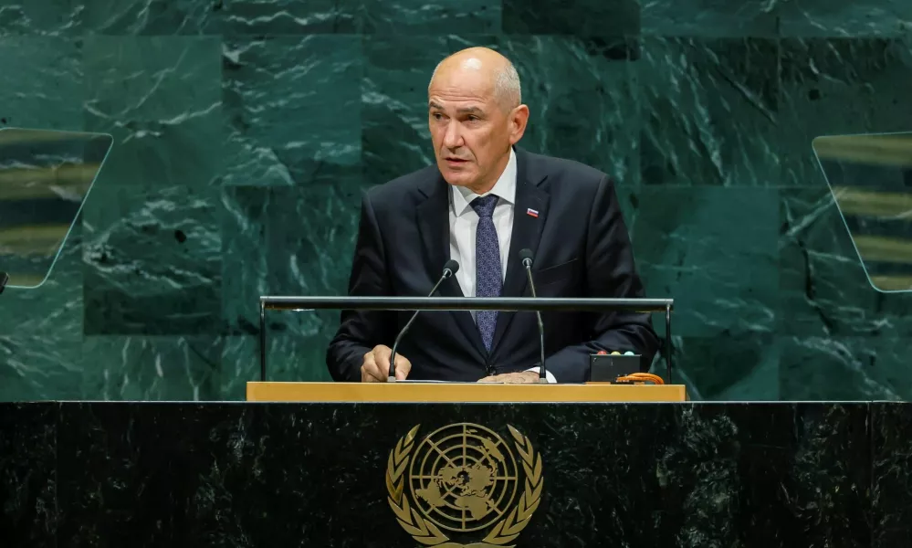 Slovenia's Prime Minister Janez Jansa addresses the 81st United Nations General Assembly at UN headquarters in New York City, US, September 24, 2026. REUTERS/Eduardo Munoz
