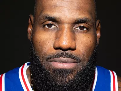 Sep 28, 2026; Camden, NJ, USA; Philadelphia 76ers LeBron James poses for a photo during media day. Mandatory Credit: Bill Streicher-Imagn Images