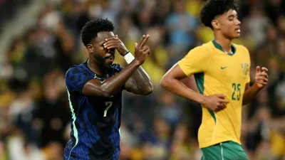 Soccer Football - International Friendly - Australia v Brazil - Suncorp Stadium, Brisbane, Australia - September 29, 2026 Brazil's Vinicius Junior celebrates scoring their fourth goal DARREN ENGLAND/AAP Image via REUTERS   ATTENTION EDITORS - THIS IMAGE WAS PROVIDED BY A THIRD PARTY. NO RESALES. NO ARCHIVES. AUSTRALIA OUT. NEW ZEALAND OUT
