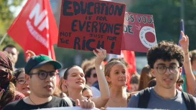 Protesters march against the government's release of next year's draft budget, in Lille, France, Tuesday, Sept. 29, 2026. (AP Photo/Jean-Francois Badias)