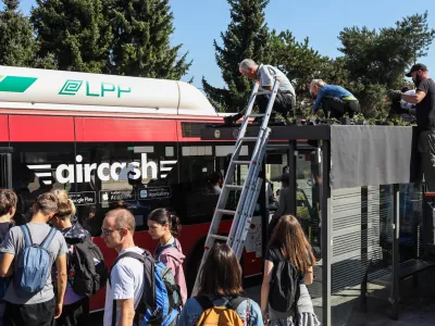 - ozelevanje stre&scaron;nika avtobusne postaje LPP Vi&scaron;ko polje na Cesti na Brdo v Ljubljani.- 29.09.2026. - Ozelevanje stre&scaron;nikov avtobusnih postaj LPP v Ljubljani.//FOTO: Bojan Velikonja