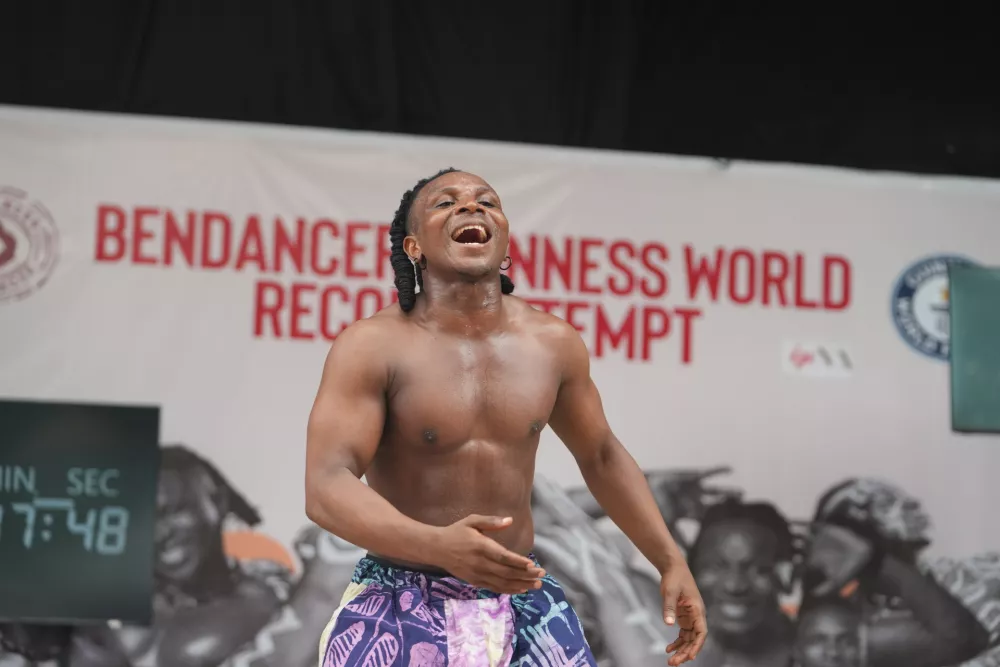 Benjamin Daniel, known as Ben Dancer, attempts dancing for 168 hours in a bid to set a Guinness World Record, at the freedom park in Lagos, Nigeria, Tuesday, Sept. 29, 2026. (AP Photo/Sunday Alamba)