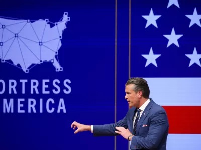 Secretary of Defense Pete Hegseth gives a State of the Force address at Marine Corps Base Quantico, Wednesday, Sept. 30, 2026 in Quantico, Va. (Alex Wong/Pool Photo via AP)