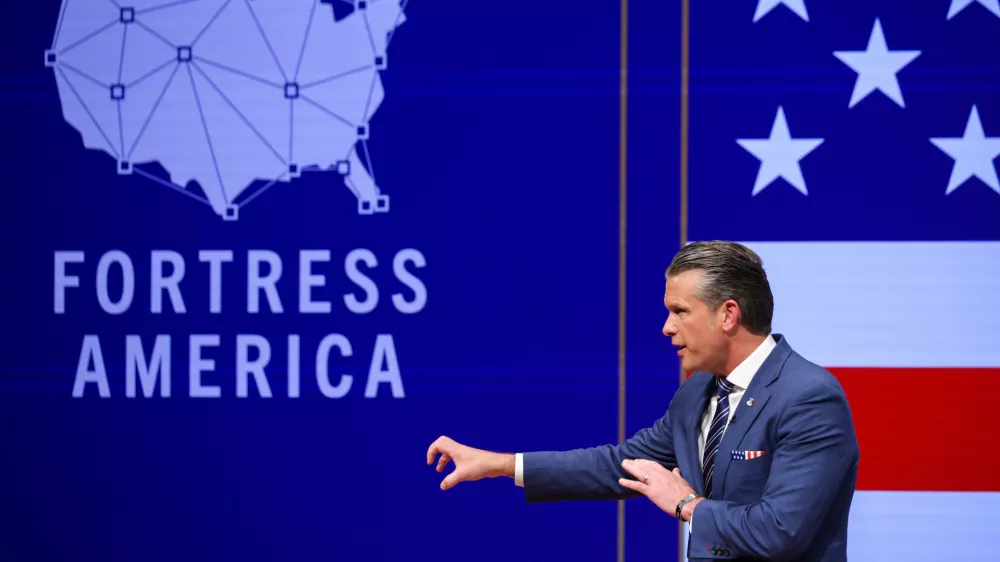 Secretary of Defense Pete Hegseth gives a State of the Force address at Marine Corps Base Quantico, Wednesday, Sept. 30, 2026 in Quantico, Va. (Alex Wong/Pool Photo via AP)
