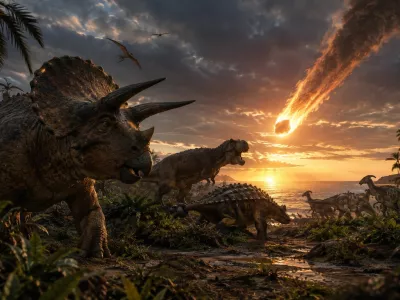 Izumrtje dinozavrov. Simbolična fotografija. Ustvarjena z UI.
