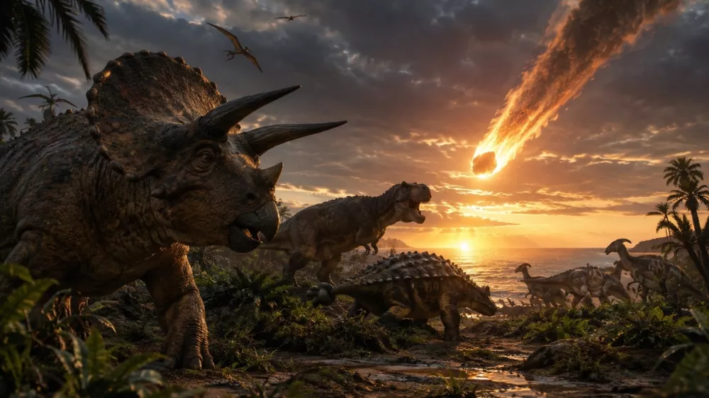 Izumrtje dinozavrov. Simbolična fotografija. Ustvarjena z UI.