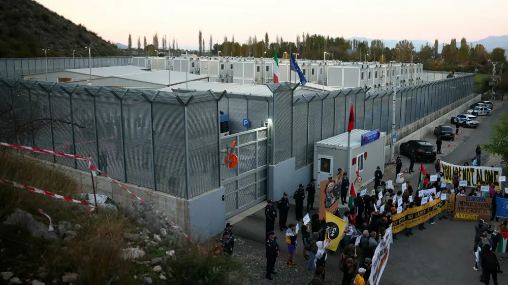 A general view of the migrant detention camp as activists from Italy, Albania, and other European countries protest in Gjader, Albania, November 1, 2025. REUTERS/Florion Goga