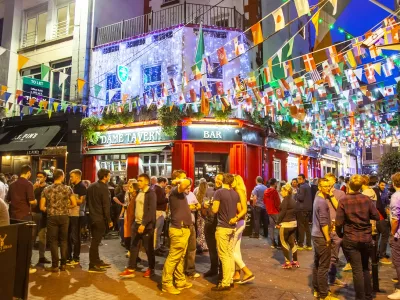 Dublin, Ireland - June 2020: Nightlife in Temple Bar area