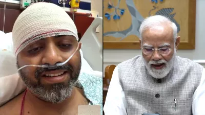 This screengrab from Narendra Modi YouTube Channel shows Indian Prime Minister Narendra Modi speaking with FlyDubai pilot Capt. Smit Machchhar on Friday, Oct. 2, 2026. (Narendra Modi YouTube Channel via AP)