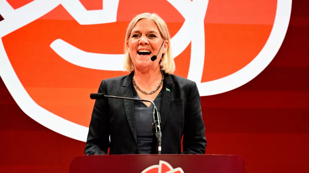 Social Democrats party leader Magdalena Andersson speaks during the Social Democrats' election night watch party, Sunday, Sept. 13, 2026, in Stockholm. (Jonas Ekstr&ouml;mer/TT News Agency via AP)